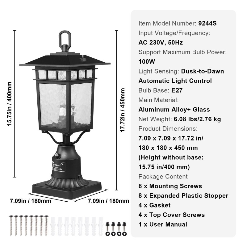 Ulkovalaisinpari pylvääseen alumiiniseos lasikupu 400 mm 2 kpl hämäräkytkin E27-kanta