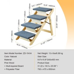 Taitettava puinen lemmikkiportaikko mäntypuusta kaksi askelmaa kangaspäällysteellä sängylle sohvalle autoon