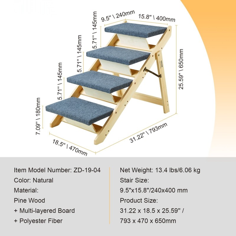 Taitettava puinen lemmikkiportaikko mäntypuusta kaksi askelmaa kangaspäällysteellä sängylle sohvalle autoon