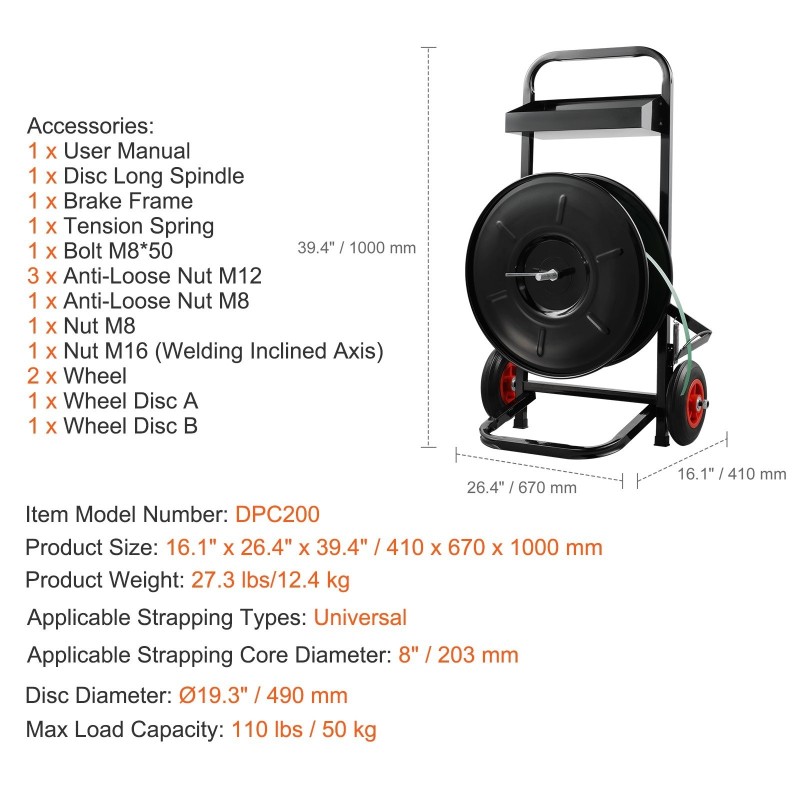 Teräs hihnavannekärry 8-tuumaisille PP PET kuitunauhoille tilavalla laatikolla