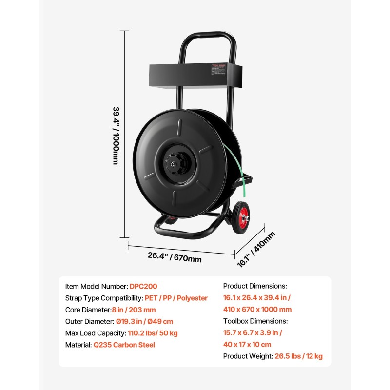 Hihnavetovaunu Q235-hiiliteräs 203 mm rullan sisähalkaisijalle PET PP polyesterinauhalle automaattisella jarrulla