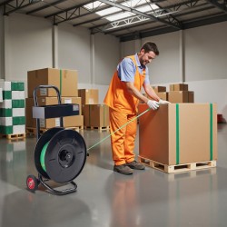 Hihnavetovaunu Q235-hiiliteräs 203 mm rullan sisähalkaisijalle PET PP polyesterinauhalle automaattisella jarrulla