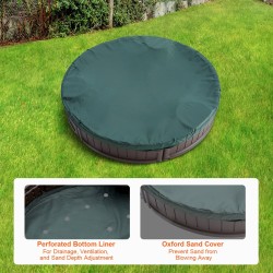 Pyöreä HDPE-hiekkalaatikko 120 cm halkaisija 23 cm korkeus 3 kulmapenkkiä pohjakangas suojapeite