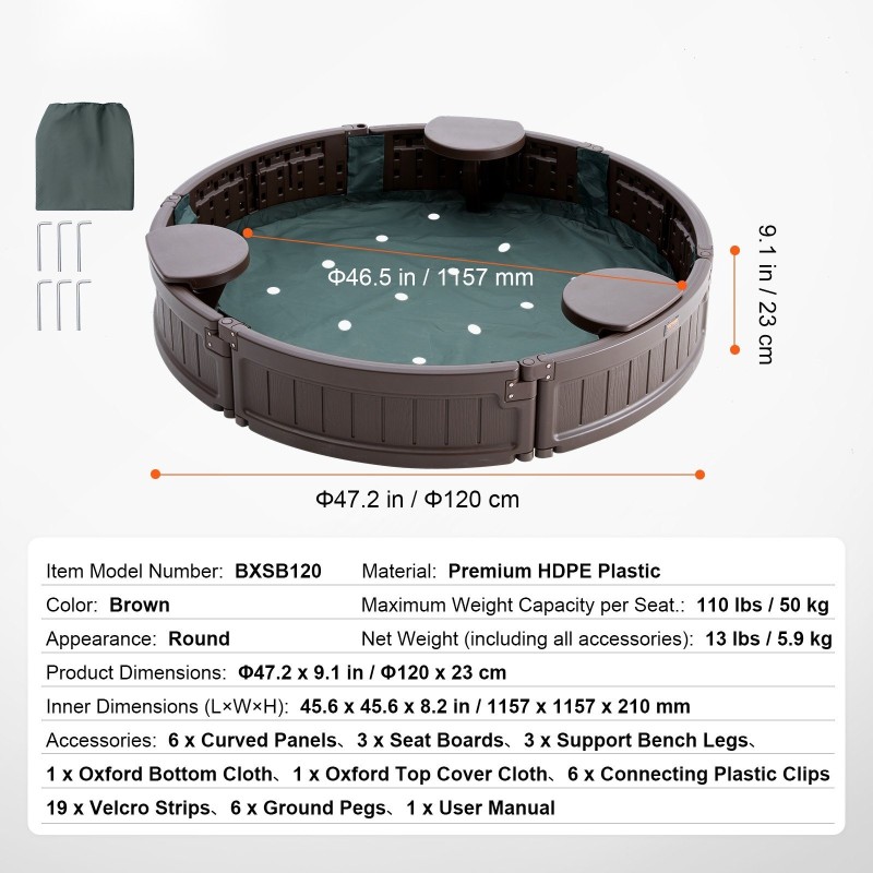 Pyöreä HDPE-hiekkalaatikko 120 cm halkaisija 23 cm korkeus 3 kulmapenkkiä pohjakangas suojapeite