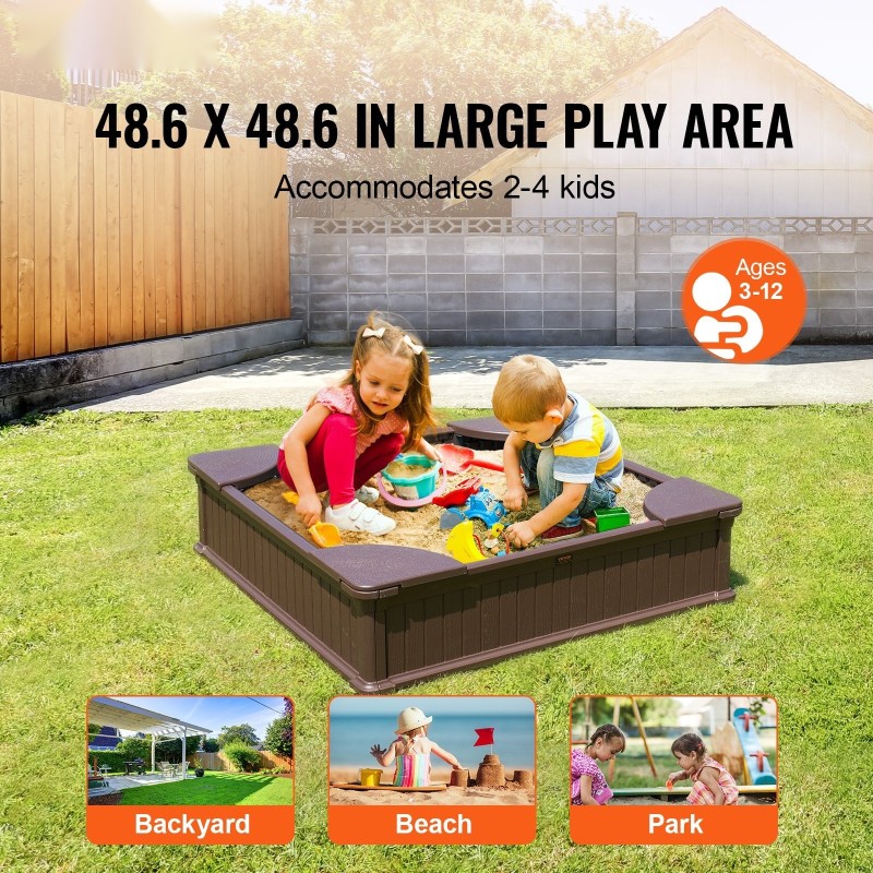 Hiekkalaatikko HDPE-muovinen neliö 1235x1235x315 mm kulmaistuimilla suojapeitteellä pohjakankaalla