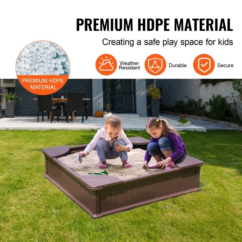 Hiekkalaatikko HDPE-muovinen neliö 1235x1235x315 mm kulmaistuimilla suojapeitteellä pohjakankaalla