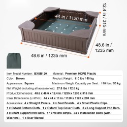 Hiekkalaatikko HDPE-muovinen neliö 1235x1235x315 mm kulmaistuimilla suojapeitteellä pohjakankaalla