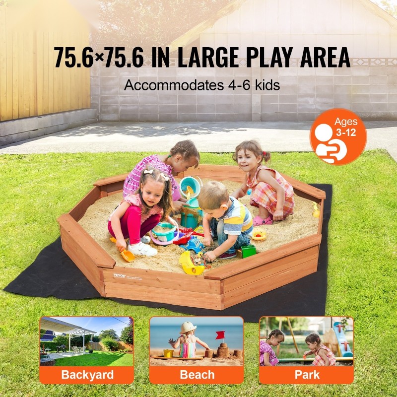 Puinen kahdeksankulmainen hiekkalaatikko 1920×1920×230 mm suojapeitteellä 4 istuinta pihalle