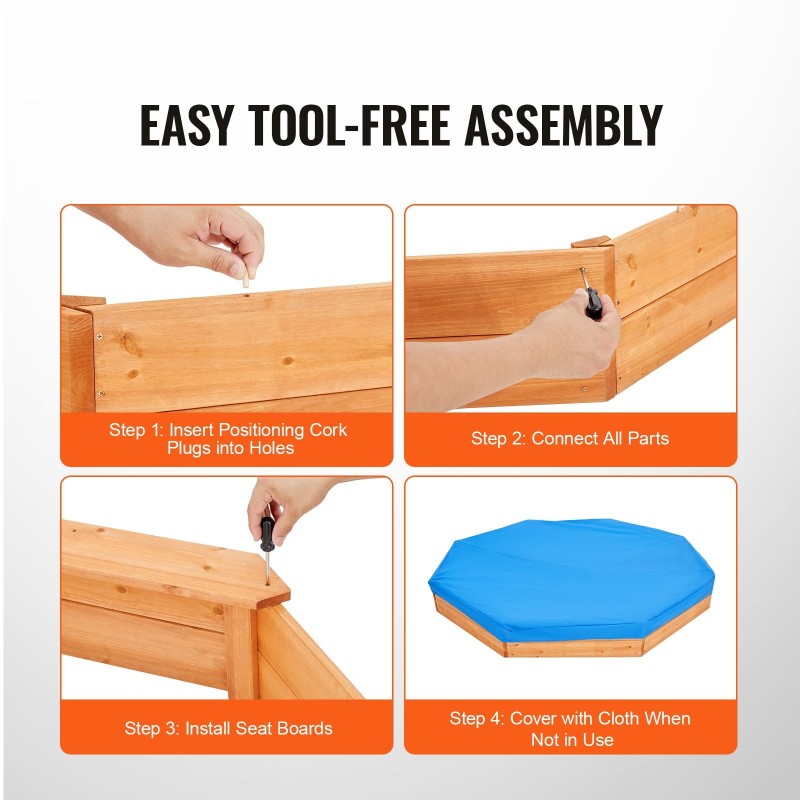 Puinen kahdeksankulmainen hiekkalaatikko 1920×1920×230 mm suojapeitteellä 4 istuinta pihalle