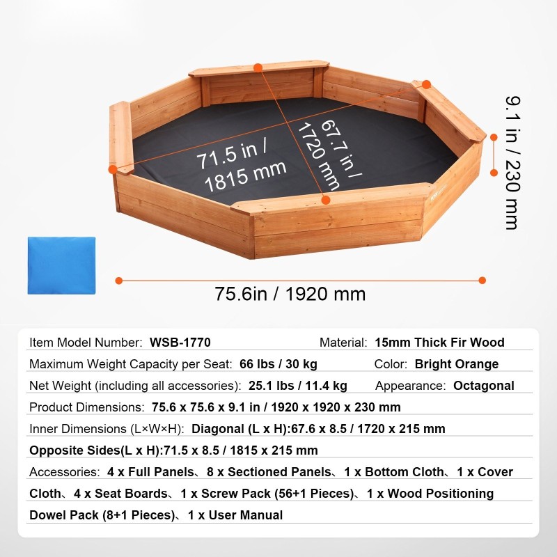 Puinen kahdeksankulmainen hiekkalaatikko 1920×1920×230 mm suojapeitteellä 4 istuinta pihalle