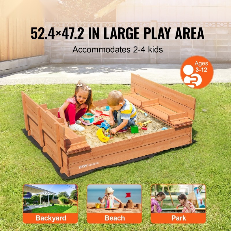 Kuusipuinen hiekkalaatikko 1330x1200x430 mm taitettavat penkit perforoitu pohjakangas ulkokäyttöön