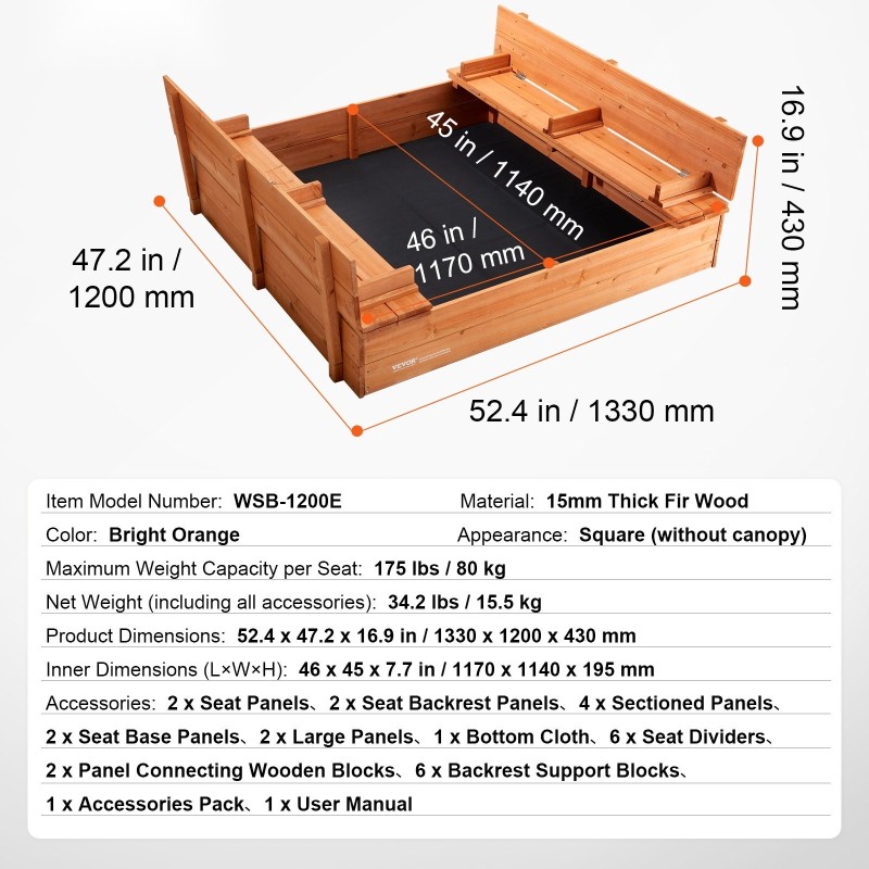 Kuusipuinen hiekkalaatikko 1330x1200x430 mm taitettavat penkit perforoitu pohjakangas ulkokäyttöön