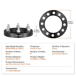 Vanteen välilaipat alumiini 25,4mm 6-pulttiset M12x1,5 108mm 4kpl musta