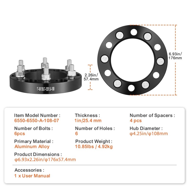 Vanteen välilaipat alumiini 25,4mm 6-pulttiset M12x1,5 108mm 4kpl musta