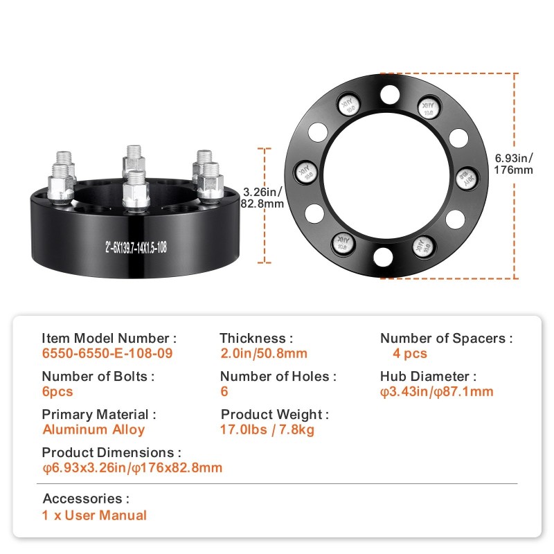 Vanteiden levikkeet alumiiniseoksesta 50,8 mm 6-pulttiset 108 mm keskireikä 4 kpl