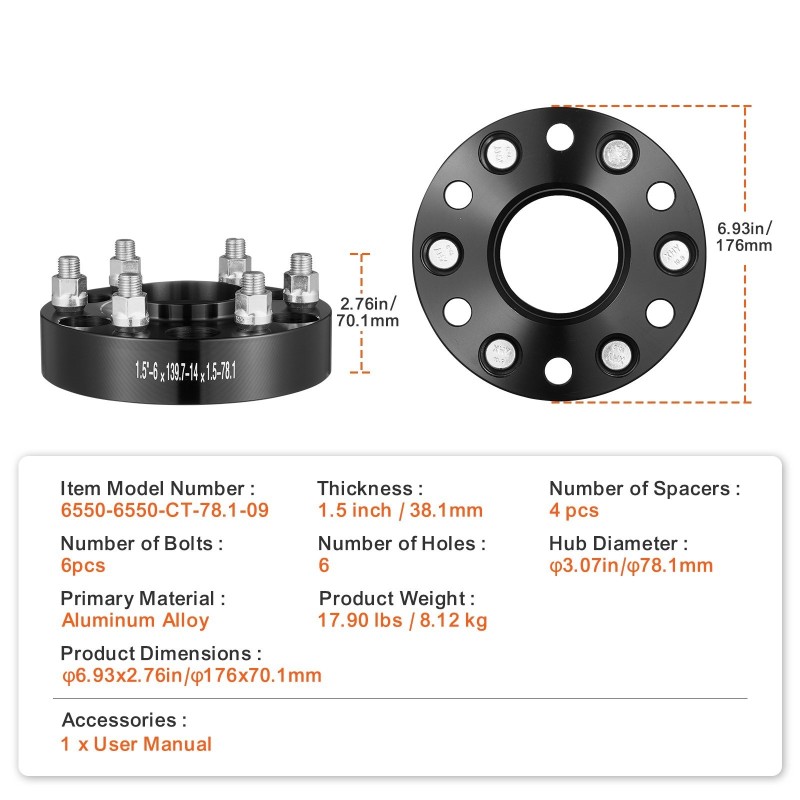 Vannelevikkeet alumiiniseos 38,1 mm 6-pulttiset M14x1,5 78,1 mm 4 kpl