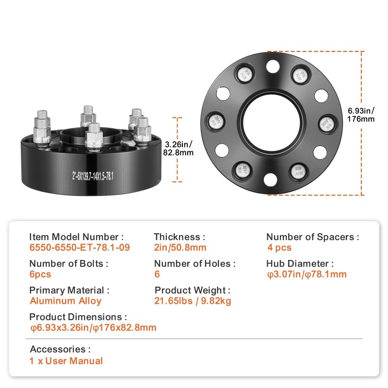 Vannenvälikkeet taottu alumiiniseos 50,8 mm keskireikä 78,1 mm 6 pulttia 4 kpl