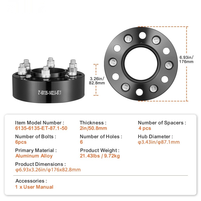 Pyörän spacerit alumiiniseos 50,8 mm paksuus 6-pulttiset 87,1 mm keskiö 4 kpl