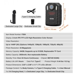 Poliisi ja vartijakamera 1440P 34 megapikseliä 150 asteen laajakulma 64GB 2850mAh