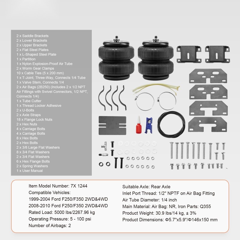 Ilmajousitussarja taka-akselille sopii F250 F350 1999-2004 2008-2010 2 ilmapussia 2268 kg kantavuus