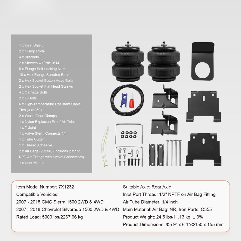 Ilmajousisarja taka-akselille NR ilmapussit 2 kpl 5–100 psi 2007–2018 Silverado/Sierra 1500
