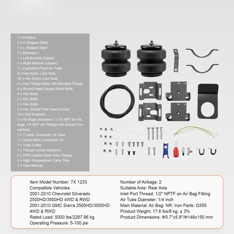 Ilmajousisarja takapäähän NR-ilmapussit 2001–2010 Silverado/Sierra 2500/3500HD 2268 kg