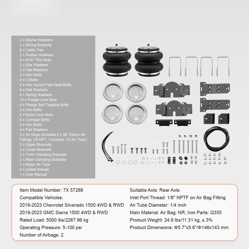 Ilmajousisarja taka-akselille kumiset ilmapussit 2 kpl 5–100 psi Silverado 2019–2023