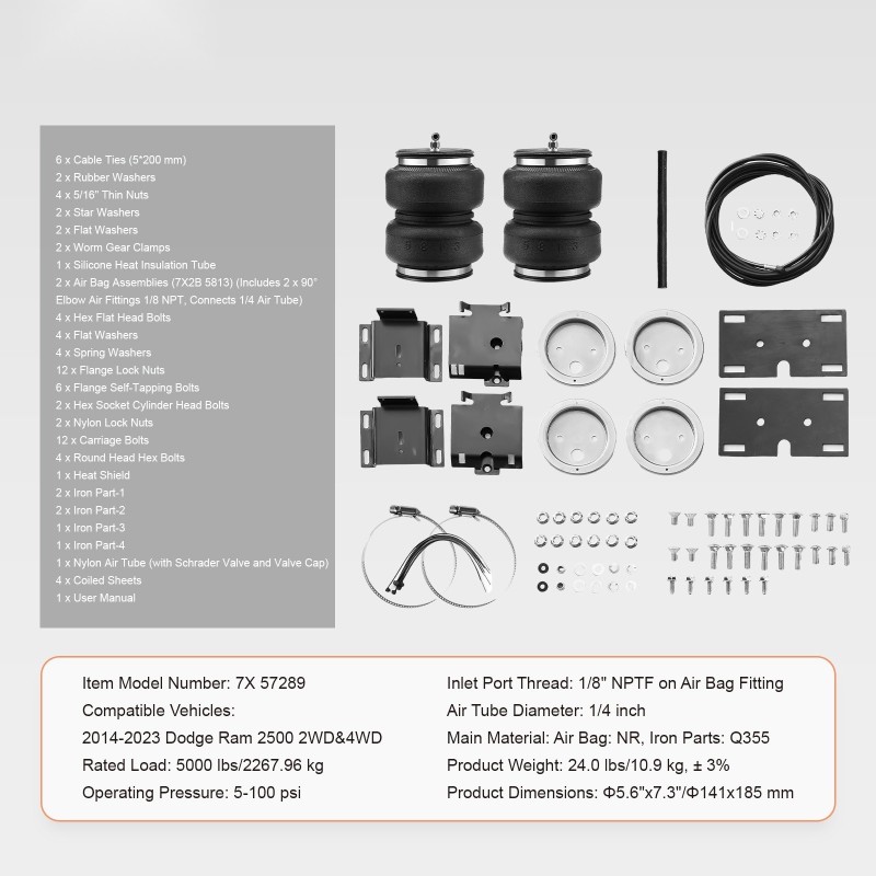 Ilmajousisarja 2 kumipussia kantavuus 2268 kg sopii Dodge Ram 2500 2014–2023