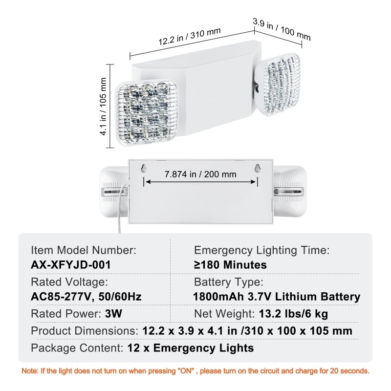 Hätävalaisinsarja 12 kpl kolmen watin kaksi säädettävää LED-päätä 180 minuutin akku liekinestomuovi