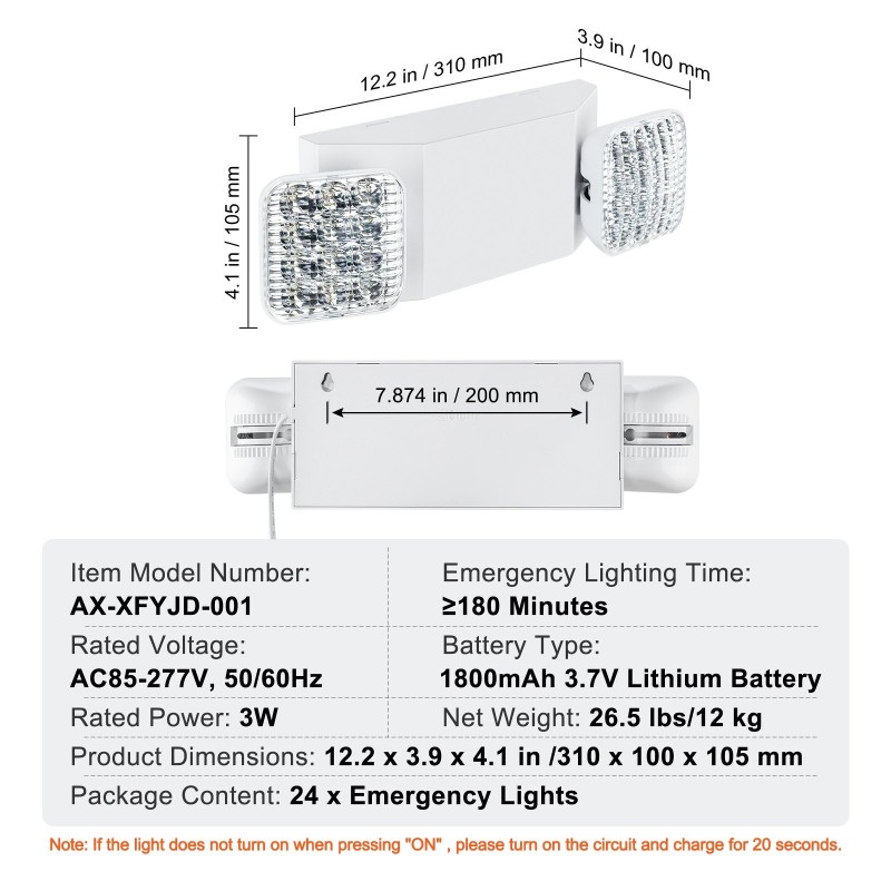 LED-hätävalot 24 kpl 3 W 180 minuutin akku 2 säädettävää neliöpäätä