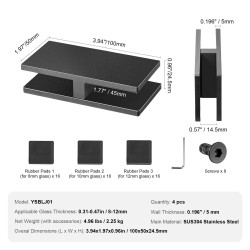 Lasipidike suorakulmainen 304-ruostumaton teräs 8–12 mm lasille 4 kpl