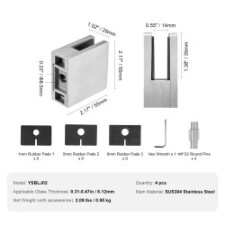 Lasikiinnike neliö SUS304 ruostumaton teräs 8–12 mm 4 kpl kaiteisiin