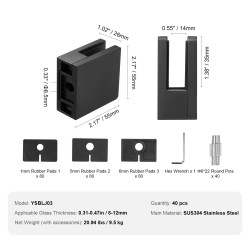 Lasikiinnikesarja 40 kpl neliömallisia kiinnikkeitä ruostumatonta terästä 8–12 mm musta