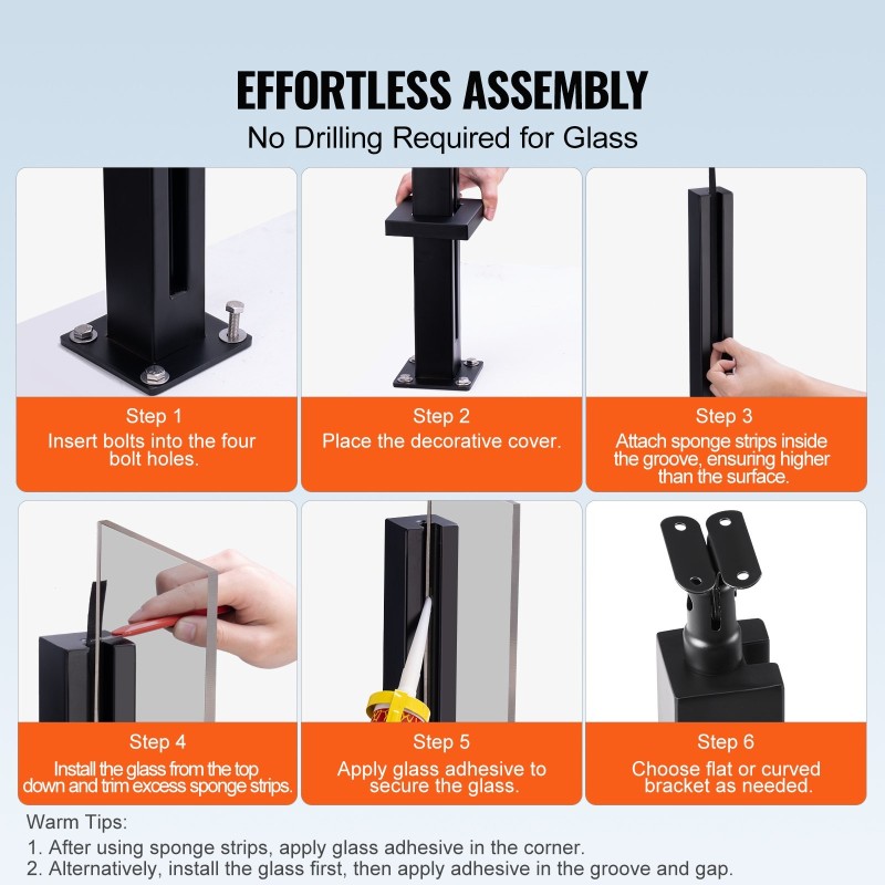 Lasikiinnike ruostumatonta terästä 850 mm korkeus 10–12 mm lasille musta 1 kpl