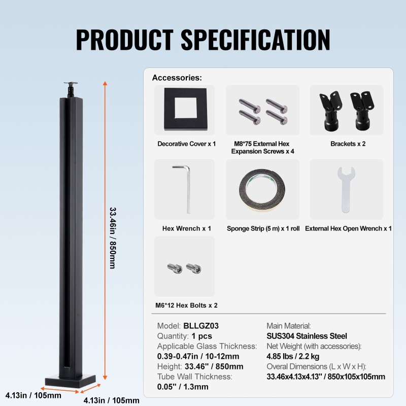 Lasikiinnike ruostumatonta terästä 850 mm korkeus 10–12 mm lasille musta 1 kpl