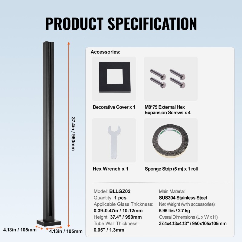 Lasikiinnike 304-ruostumaton teräs kiillotettu korkeus 950 mm lasipaksuus 10–12 mm 1 kpl