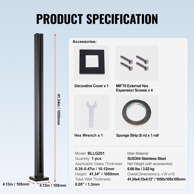 Lasikiinnike SUS304-ruostumatonta terästä 1050 mm 10–12 mm lasille 1 kpl