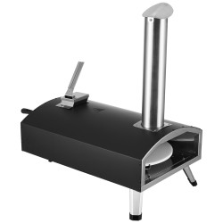 Ulkopizzauuni 12 tuumainen mustaksi pinnoitettu rautakuori puupelletillä toimiva taittuvilla jaloilla säilytyslaukulla