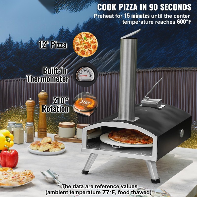 Ulkopizzauuni 12-tuumainen mustaksi pinnoitettu rautakuori puupelletillä toimiva taittuvilla jaloilla säilytyslaukulla