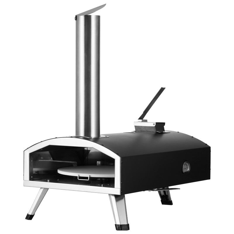 Ulkopizzauuni 12-tuumainen mustaksi pinnoitettu rautakuori puupelletillä toimiva taittuvilla jaloilla säilytyslaukulla