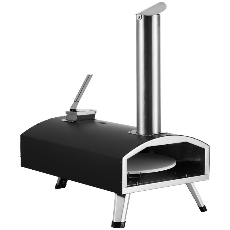 Ulkopizzauuni 12-tuumainen mustaksi pinnoitettu rautakuori puupelletillä toimiva taittuvilla jaloilla säilytyslaukulla