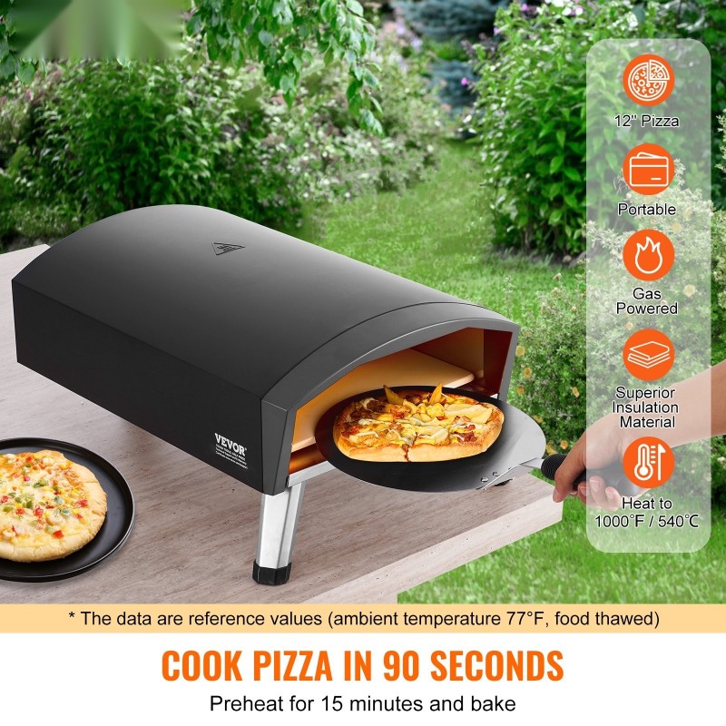 Kaasukäyttöinen ulkopizzauuni 12-tuumaisille pizzoille paksulla kordieriittikivellä taittuvilla jaloilla vedenpitävällä