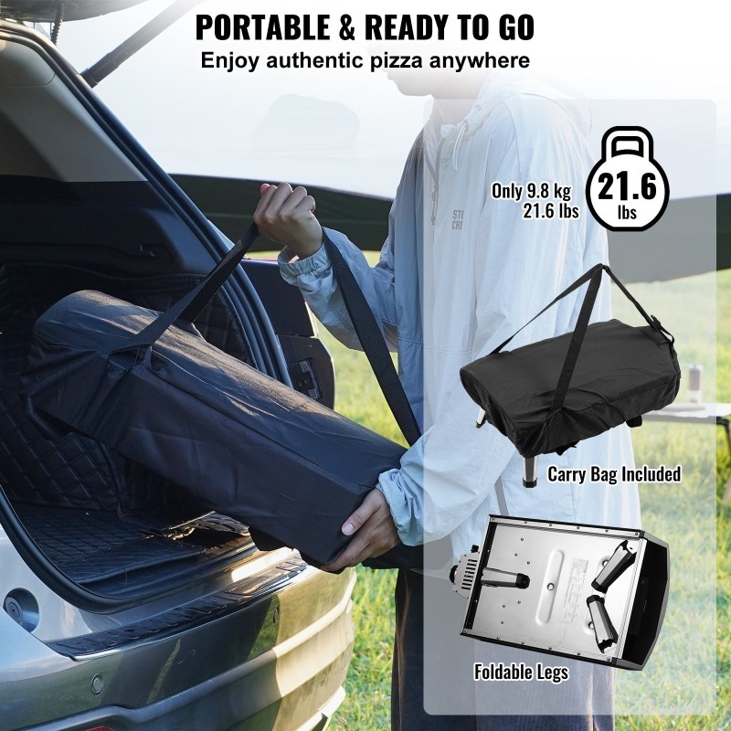 Kaasukäyttöinen ulkopizzauuni 12-tuumaisille pizzoille paksulla kordieriittikivellä taittuvilla jaloilla vedenpitävällä