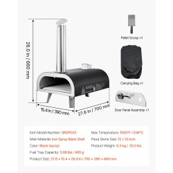 Ulkopizzauuni rautainen kaksitoista tuuman pellettikäyttöinen musta kantolaukulla