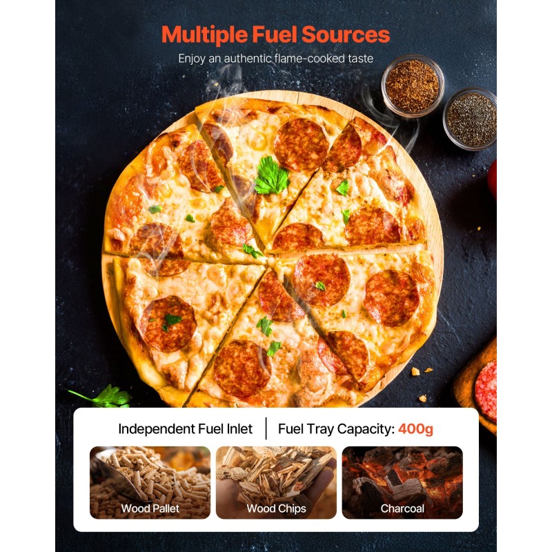 Pizzauuni ulkokäyttöön 12 tuumaa pelletillä ja puulla ruostumatonta terästä sisäänrakennetulla lämpömittarilla