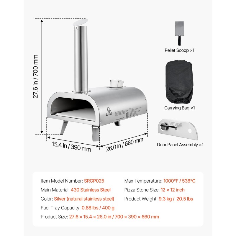 Pizzauuni ulkokäyttöön 12 tuumaa pelletillä ja puulla ruostumatonta terästä sisäänrakennetulla lämpömittarilla