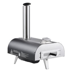 Ulkopizzauuni puu ja pellettikäyttöinen 12 tuuman pizzakivellä sähköpyörivä musta ruiskumaalattu rauta