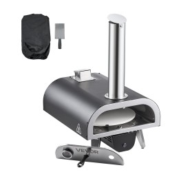 Ulkopizzauuni puu- ja pellettikäyttöinen 12 tuuman pizzakivellä sähköpyörivä musta ruiskumaalattu rauta