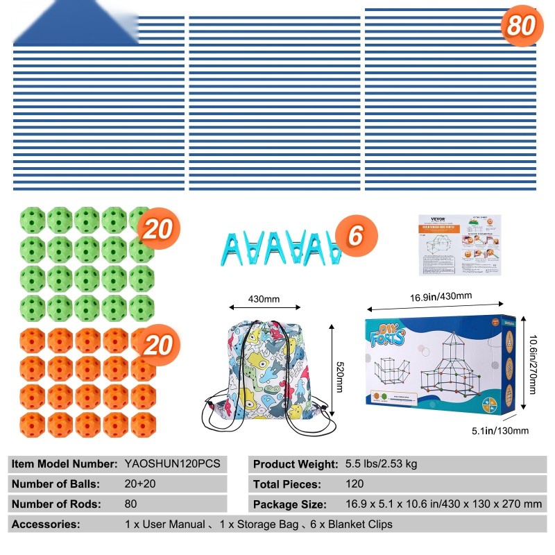 Rakennussarja lapsille 120 osaa 80 keppiä 40 palloa BPA-vapaa