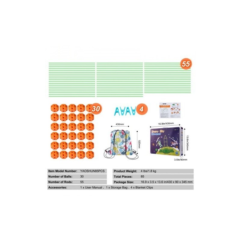 Rakennussarja 85 osaa lapsille pimeässä hohtavat 55 sauvaa 30 palloa